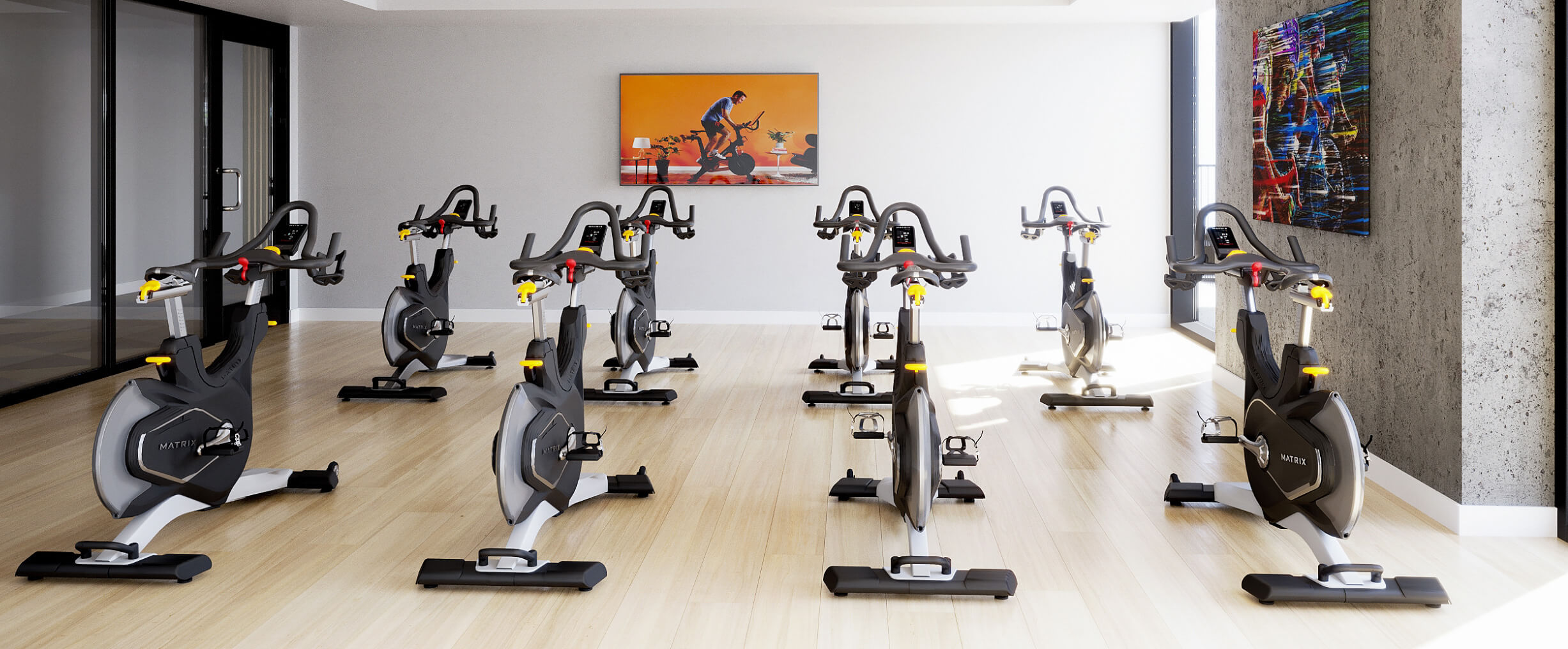 gym, exercise bikes