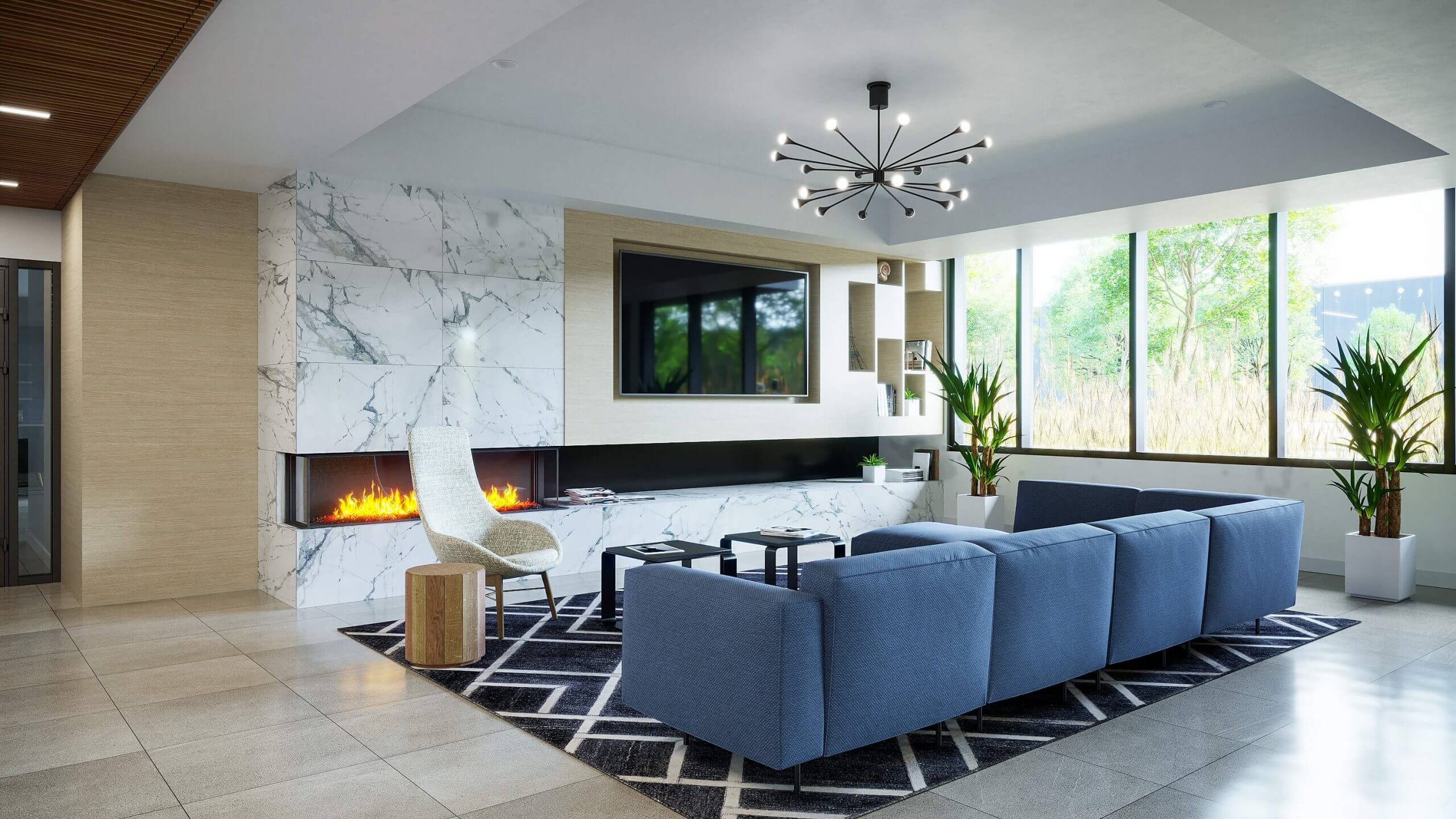 Living room with fireplace, tv and couch